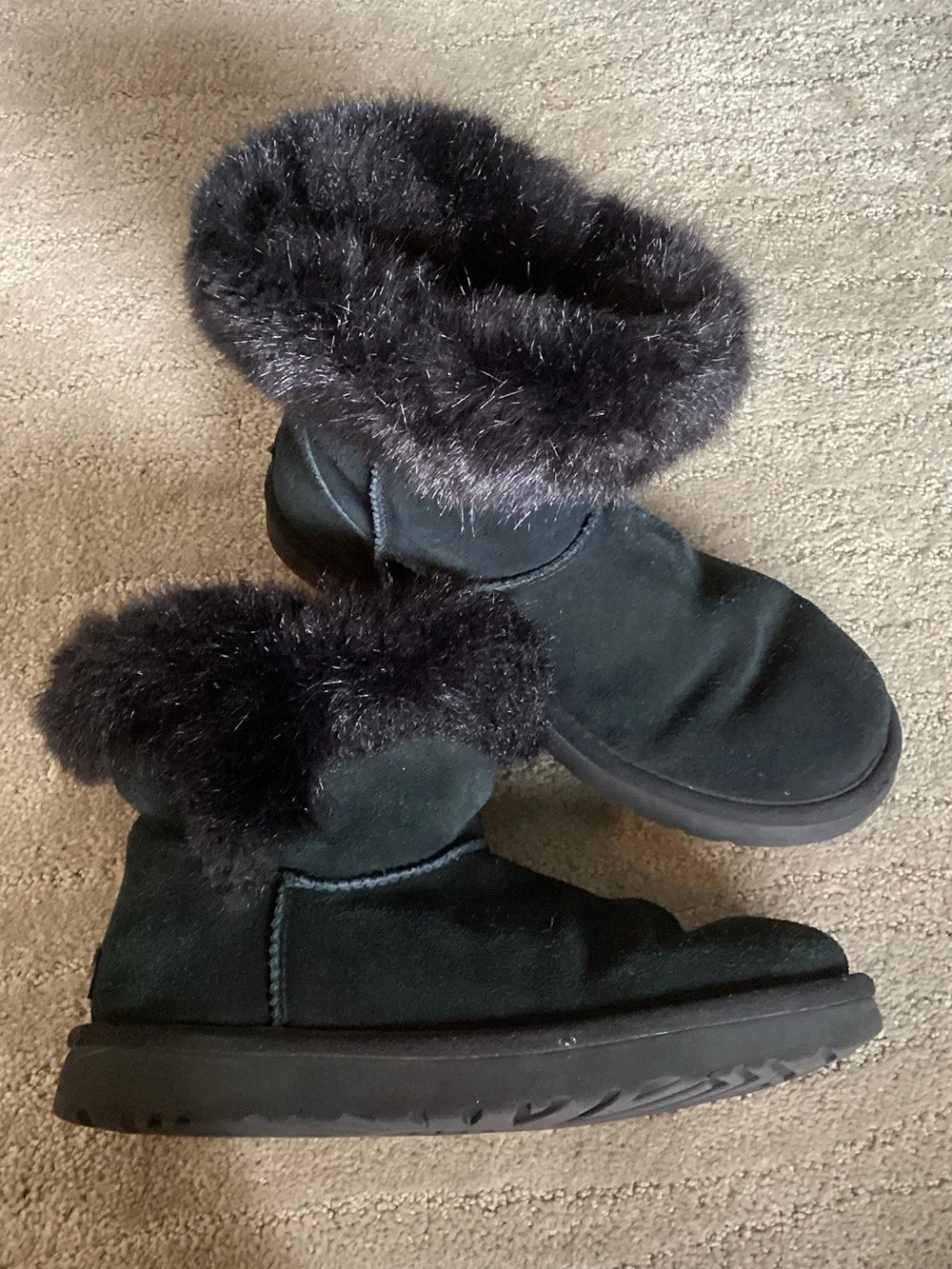 UGG Black Suede Fur-Trim Short Winter Boots